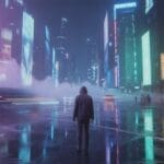 AI-generated 4K cyberpunk wallpaper of a lone hooded figure standing on a rain-soaked neon-lit street with purple and teal reflections and atmospheric fog generated with Ideogram AI