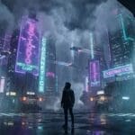 I-generated cyberpunk wallpaper showing a dramatic low-angle view through an archway of a Neo-Tokyo cyberpunk cityscape with readable neon signs flying vehicles and steam rising from street level