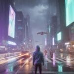 AI-generated cyberpunk wallpaper of a hooded figure at a rainy pedestrian crosswalk with flying drones in the sky and balanced purple and teal neon lighting from towering holographic billboards